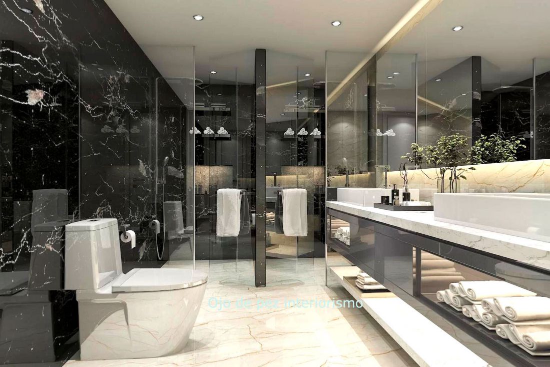 Baño amplio y moderno con paredes en tono oscuro y sanitarios y muebles en blanco